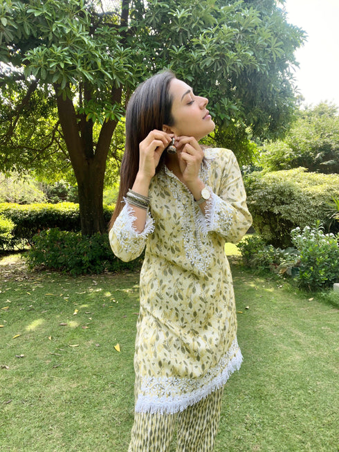 Sahiba bali in Samma Chikankari Co-ord set in Cotton for Women- Cream