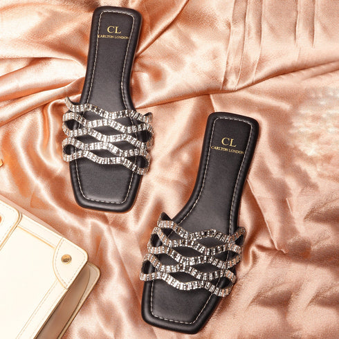 Women's Rhinestone Embellished Woven-Strap Slides