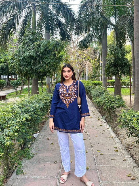 Asna in Kashmiri Aari Work Cotton Short Kurta – Navy Blue