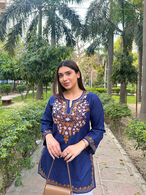 Asna in Kashmiri Aari Work Cotton Short Kurta – Navy Blue