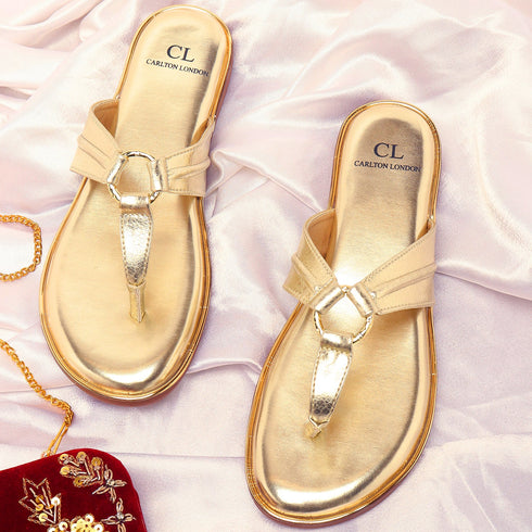 Women's Metallic Thong Sandals with Gold-Tone Ring