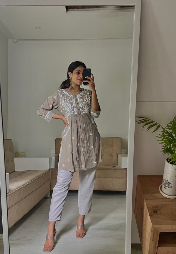 Sakshi & Jinal in Chikankari Hand embroidery tunic-Brown