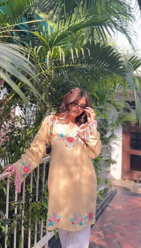 Shivani in Kashmiri Aari Work Cotton Short Kurta – Beige