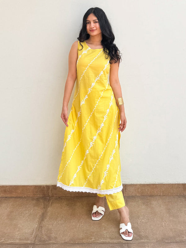 Yellow Pure Cotton Embroidered Straight Kurta Pant Set
