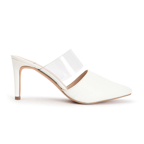 White Slip-On Pointed Toe Women Mule Heels