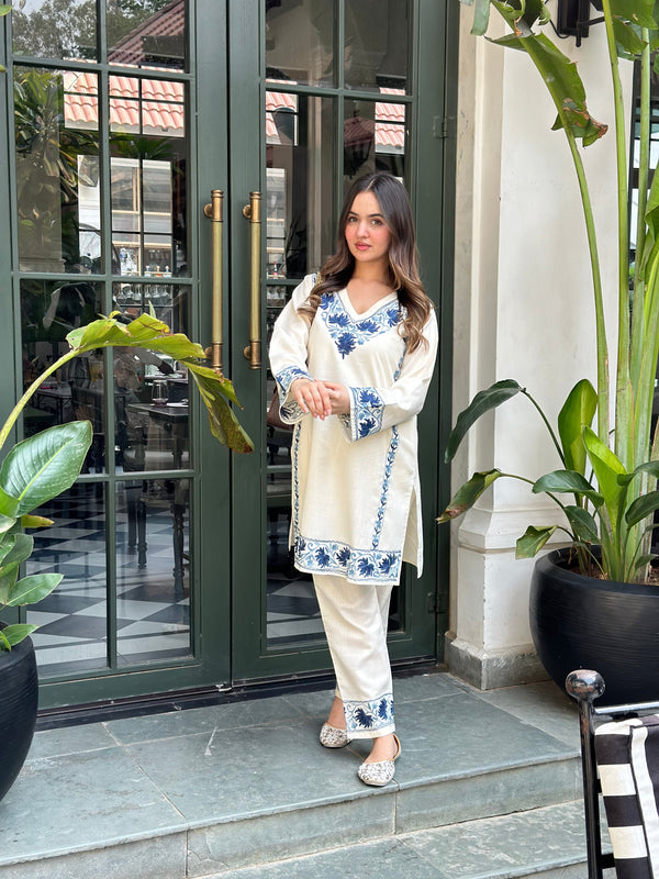 Bhavya in Kashmiri Aari Work Cotton Kurta Set - White With Blue