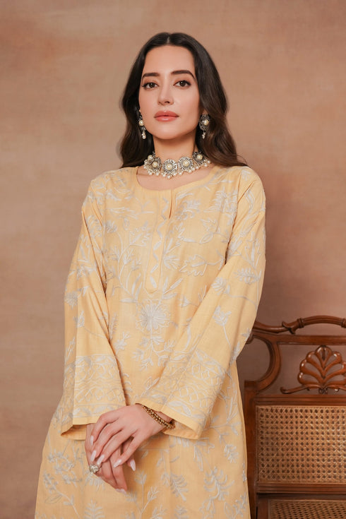 Komal x HOK Kashmiri Aari Work Cotton Kurta Set - Beige With White