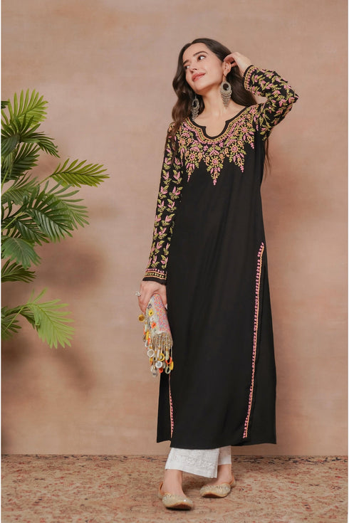 Komal x HOK Saba Chikankari Long Kurta in Rayon Cotton - Black