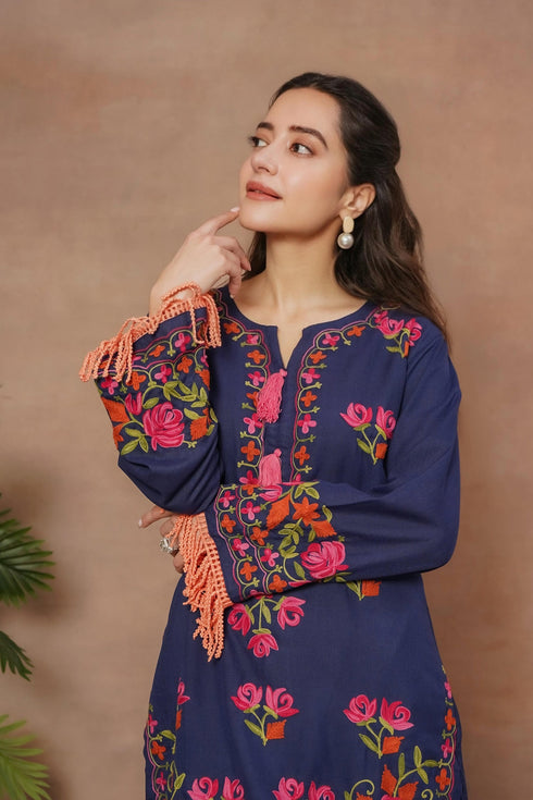 Komal x HOK Falak Kashmiri Long Kurta- Navy Blue