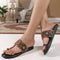 Women's Flat Toe-Ring Sandals with Black Multicolored Floral Embroidery