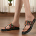 Women's Flat Toe-Ring Sandals with Black Multicolored Floral Embroidery