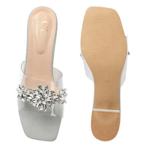 Women Embellished Block Heels Transparent Sandals