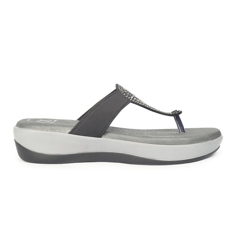 Women's Black Embellished Comfortable Wedge Sandal
