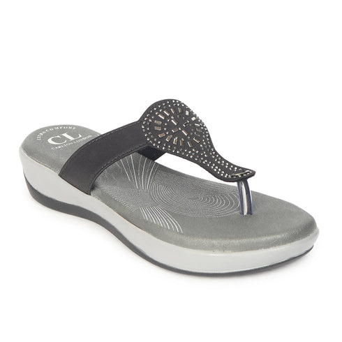 Women's Black Embellished Comfortable Wedge Sandal