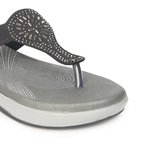 Women's Black Embellished Comfortable Wedge Sandal