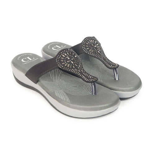 Women's Black Embellished Comfortable Wedge Sandal