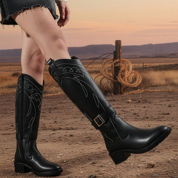 Women's Tall Embroidered Knee-High Riding Style with Western Boot Buckle Detail
