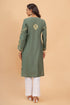 Kanchan in Saba Gold Zari Work Long Kurta In Muslin - Bottle Green