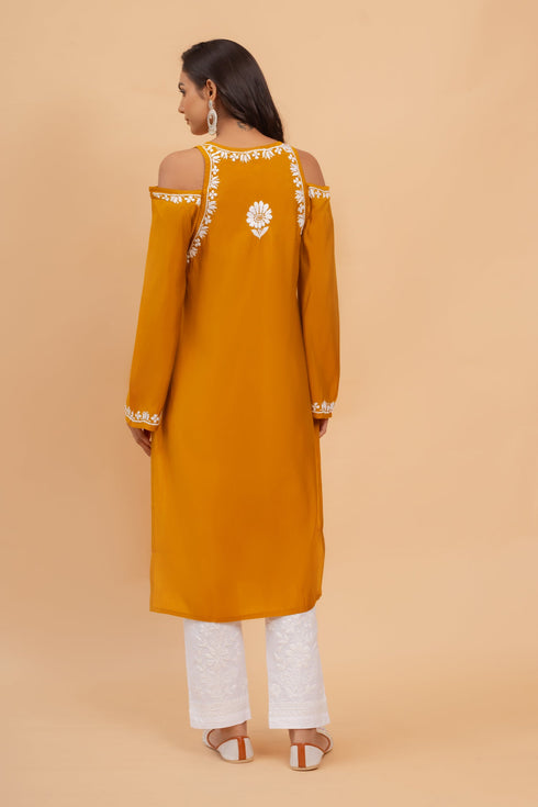Saba Chikankari Long Kurta Shoulder Cut In Muslin - Mustard