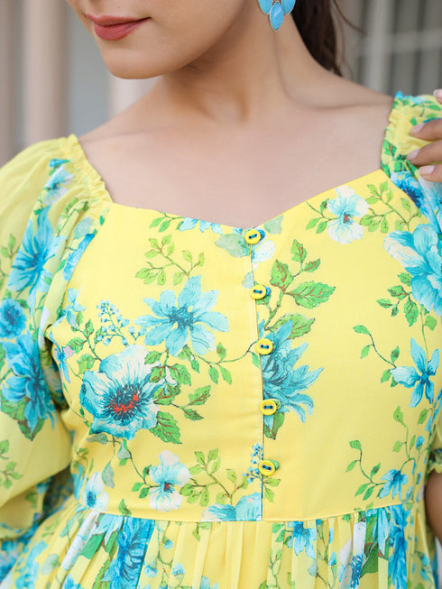 Yellow Georgette Floral Print Flared Western Dress
