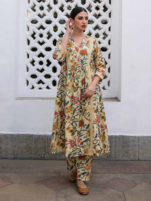 Beige Cotton Floral Kurta Pant Set