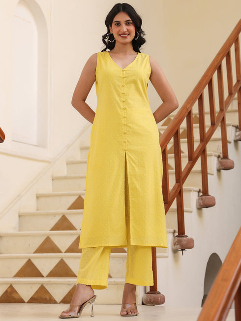 Yellow Dobby Pure Cotton Self Design Straight Kurta Pant Set