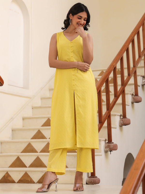 Yellow Dobby Pure Cotton Self Design Straight Kurta Pant Set