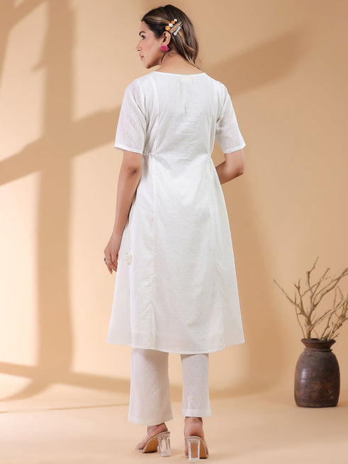 Off White Dobby Pure Cotton Self Design A-line Kurta Pant Set