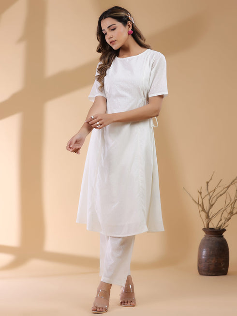 Off White Dobby Pure Cotton Self Design A-line Kurta Pant Set