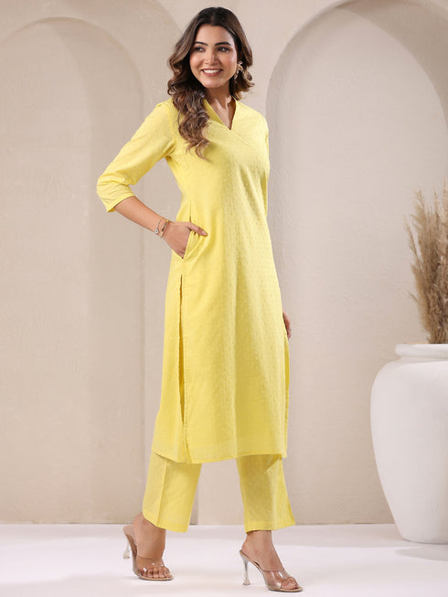 Yellow Dobby Pure Cotton Self Design Straight Kurta Pant Set