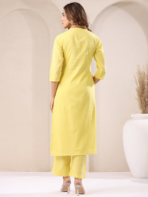Yellow Dobby Pure Cotton Self Design Straight Kurta Pant Set