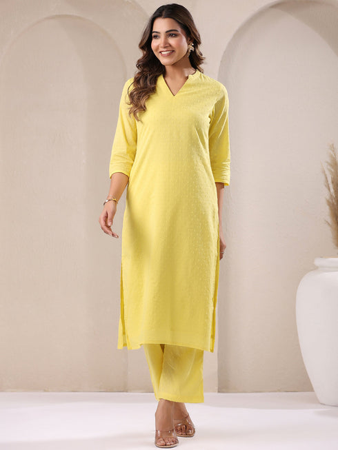 Yellow Dobby Pure Cotton Self Design Straight Kurta Pant Set