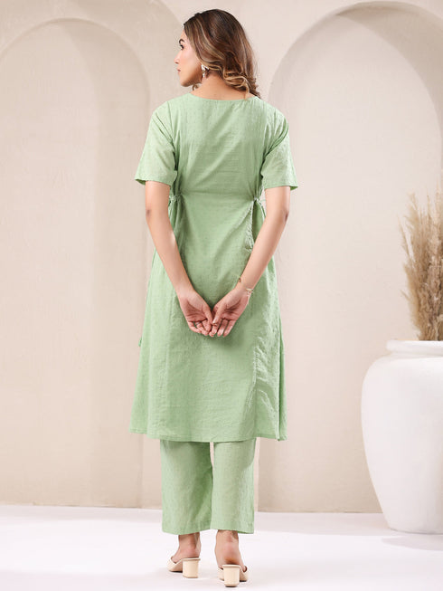 Green Dobby Pure Cotton Self Design A-line Kurta Pant Set