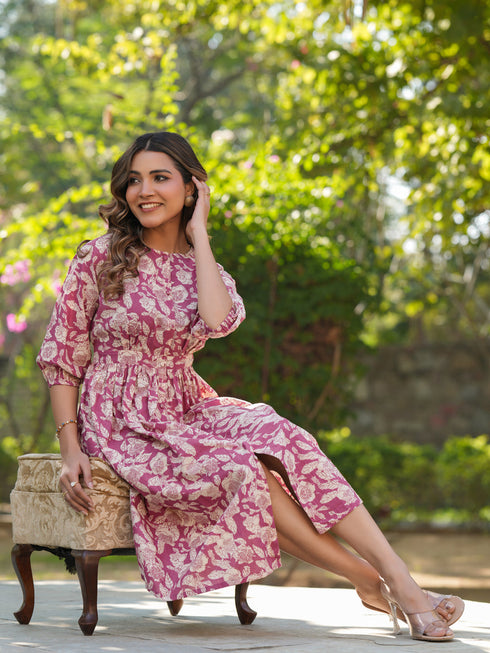 Mauve Pure Cotton Floral Printed Gathered Dress