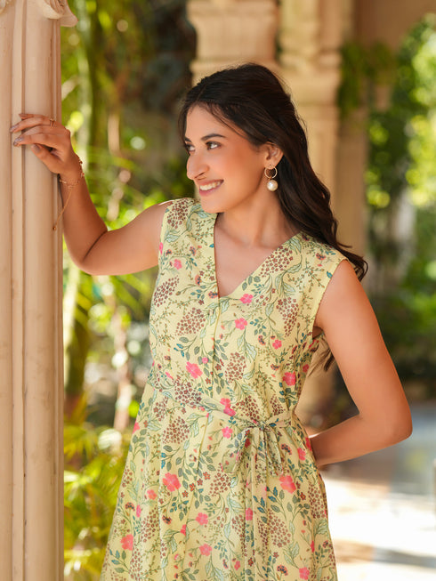 Light Green Georgette Floral Printed A-Line Dress