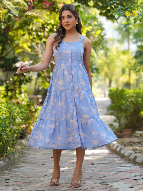 Light Blue Georgette Floral Printed Tiered Dress