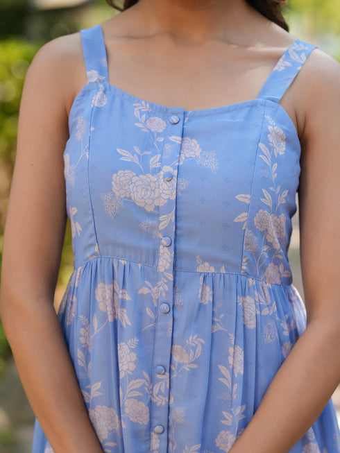 Light Blue Georgette Floral Printed Tiered Dress