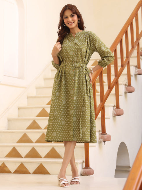Olive Green Pure Cotton Floral Printed A-line Dress