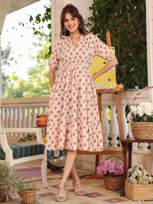 Peach Pure Cotton Floral Printed Tiered Dress