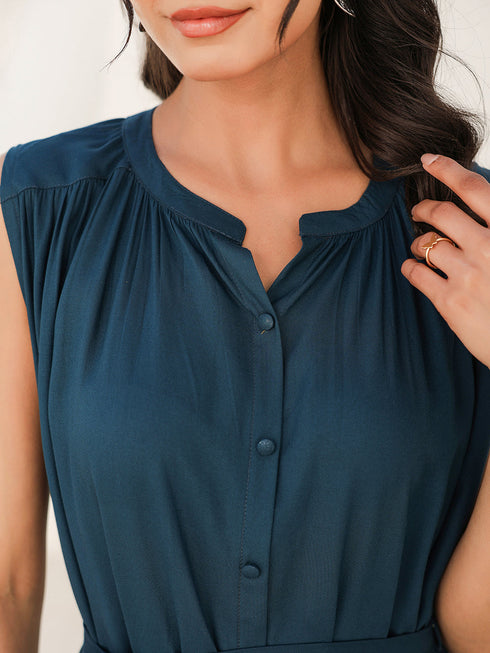 Teal Blue Rayon Solid A-line Dress