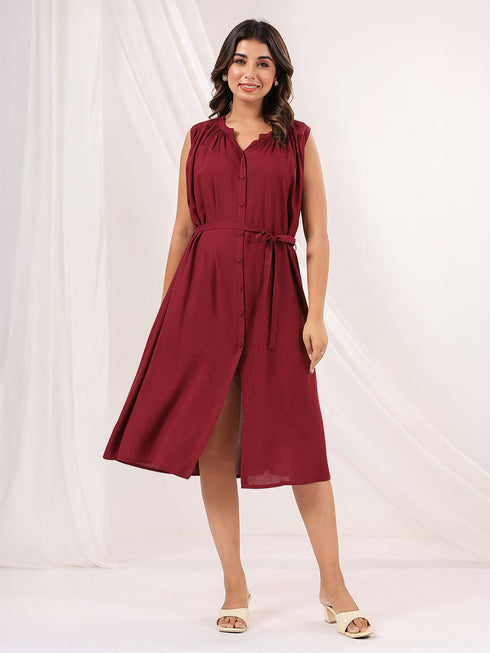 Janasya Women's Maroon Rayon Solid A-line Dress
