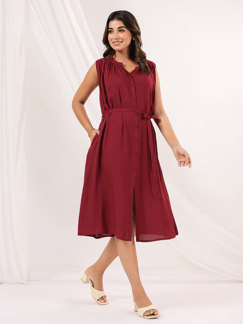 Janasya Women's Maroon Rayon Solid A-line Dress