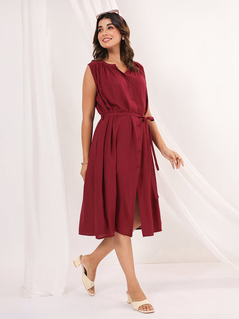 Janasya Women's Maroon Rayon Solid A-line Dress