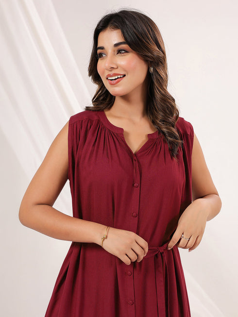 Janasya Women's Maroon Rayon Solid A-line Dress