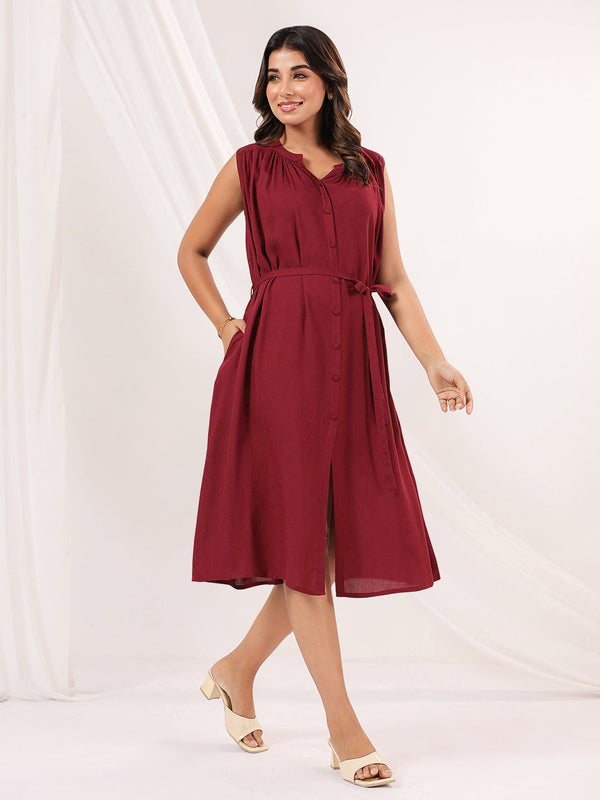 Janasya Women's Maroon Rayon Solid A-line Dress