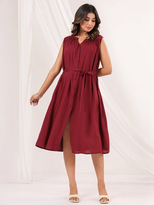 Janasya Women's Maroon Rayon Solid A-line Dress