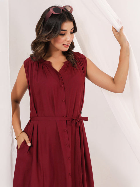 Janasya Women's Maroon Rayon Solid A-line Dress