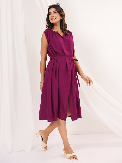 Janasya Women's Wine Rayon Solid A line Dress