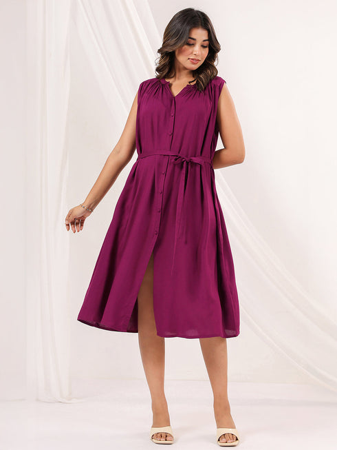 Janasya Women's Wine Rayon Solid A line Dress