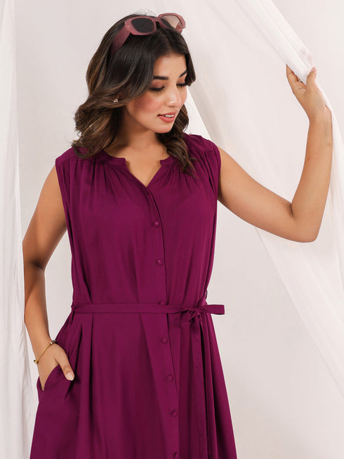 Janasya Women's Wine Rayon Solid A line Dress